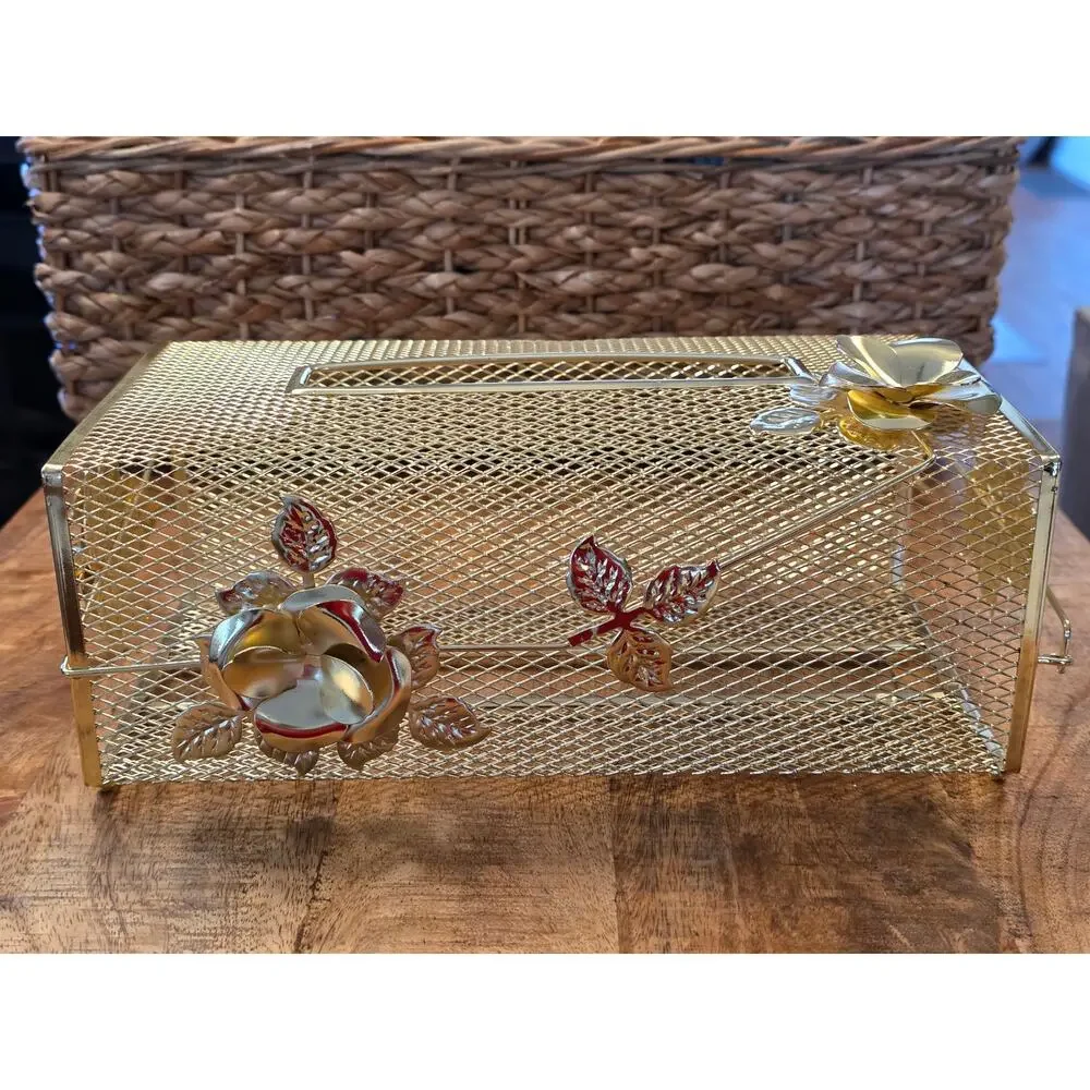 VTG MCM Metal Mesh Gold Tone Kleenex Box Cover with Rose and Leaf Design